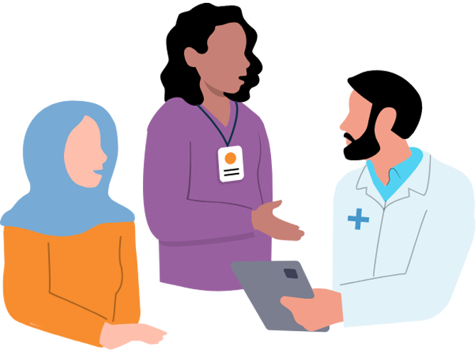 Ilustración de un paciente, un intérprete y un doctor conversando en persona