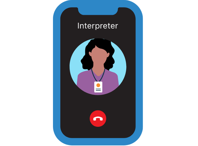 Pantalla de teléfono mostrando una llamada en curso con un intérprete