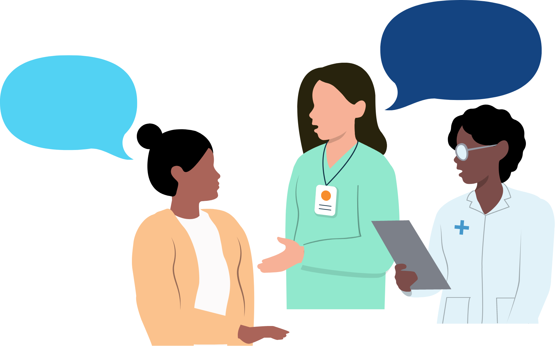 Ilustración de un paciente hablando con una enfermera y un doctor